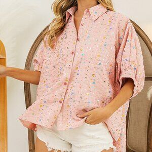 Sparkly Casual Top for Women, Relaxed Fit Shimmer Shirt for Parties, Holidays &